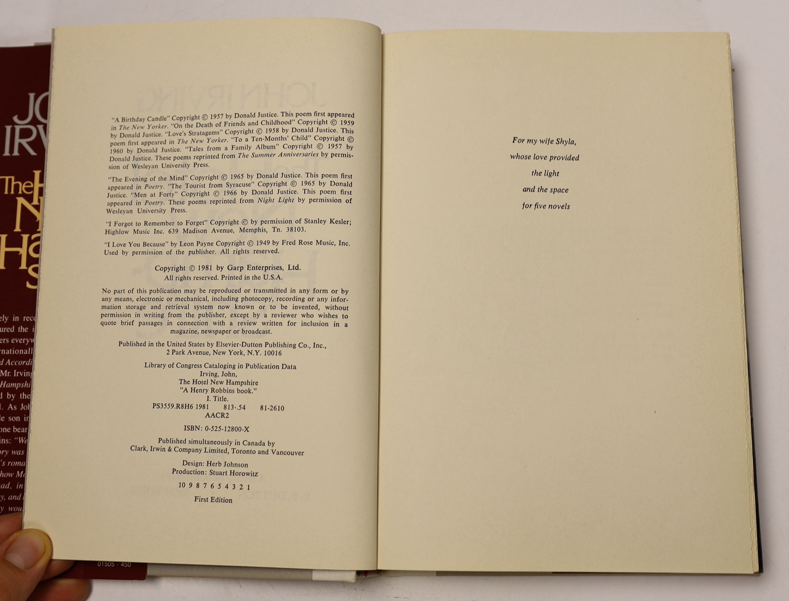 Irving, John - The Hotel New Hampshire, 1st edition ,8vo, half cloth in clipped d/j, presentation inscription by Robert Lowe, star of the film of the present book, to David Watkin, the film’s cinematographer, to front fl